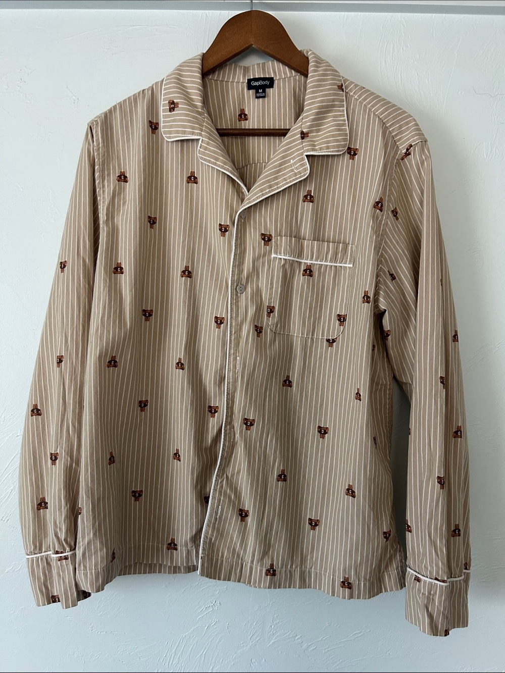 GAP Beige Stripe Cotton Pajama Top with Brown Bear Print